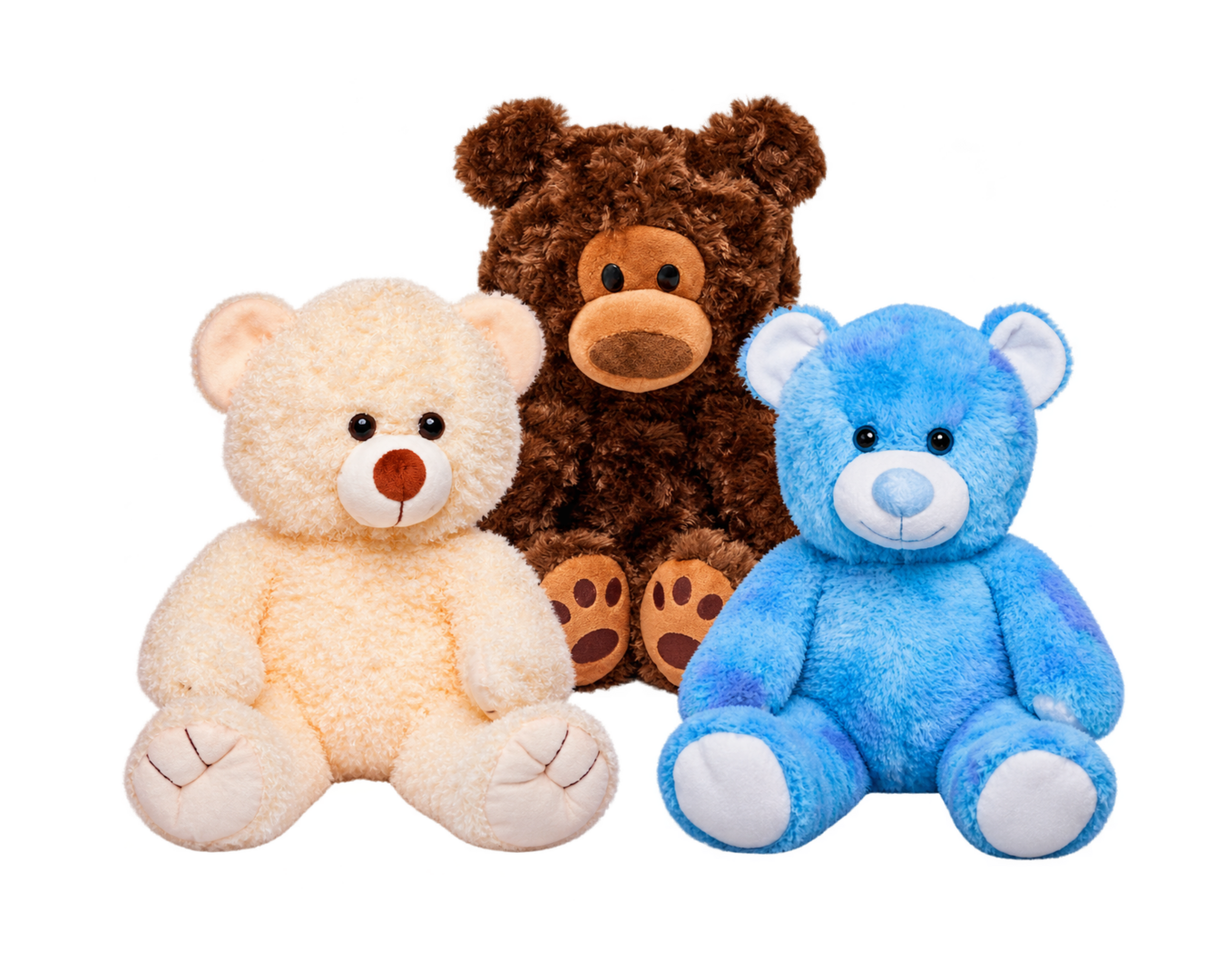 Three plush teddy bears in cream, brown, and blue from Noah's Ark Animal Workshop.