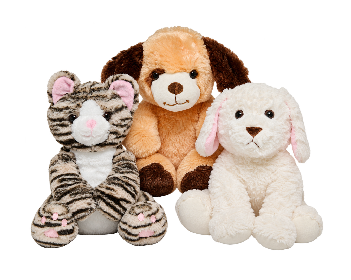 A plush cat, dog, and rabbit from Noah's Ark Animal Workshop.