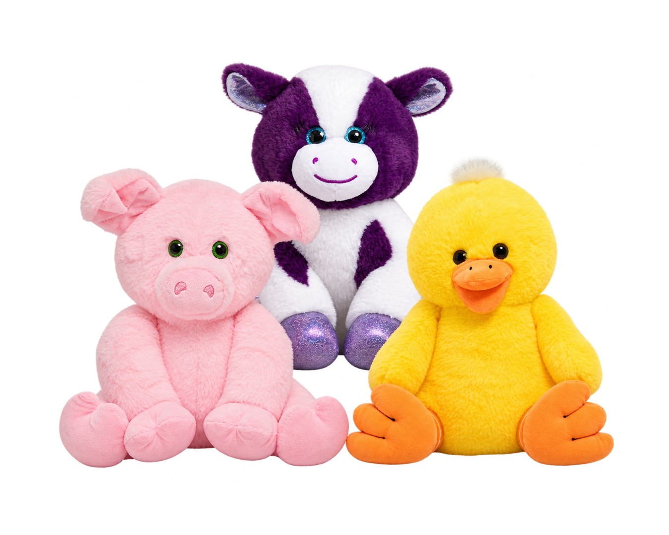 A plush cow, pig, and duck from Noah's Ark Animal Workshop.