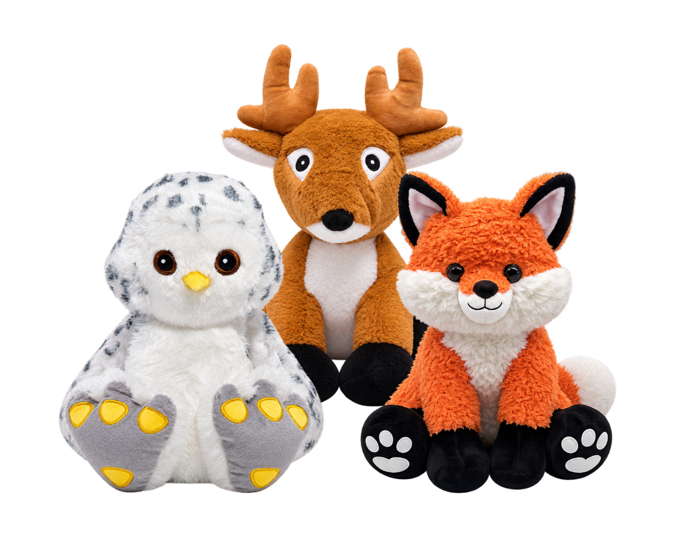Plush woodland friends, including an owl, reindeer, and fox, from Noah's Ark Animal Workshop.