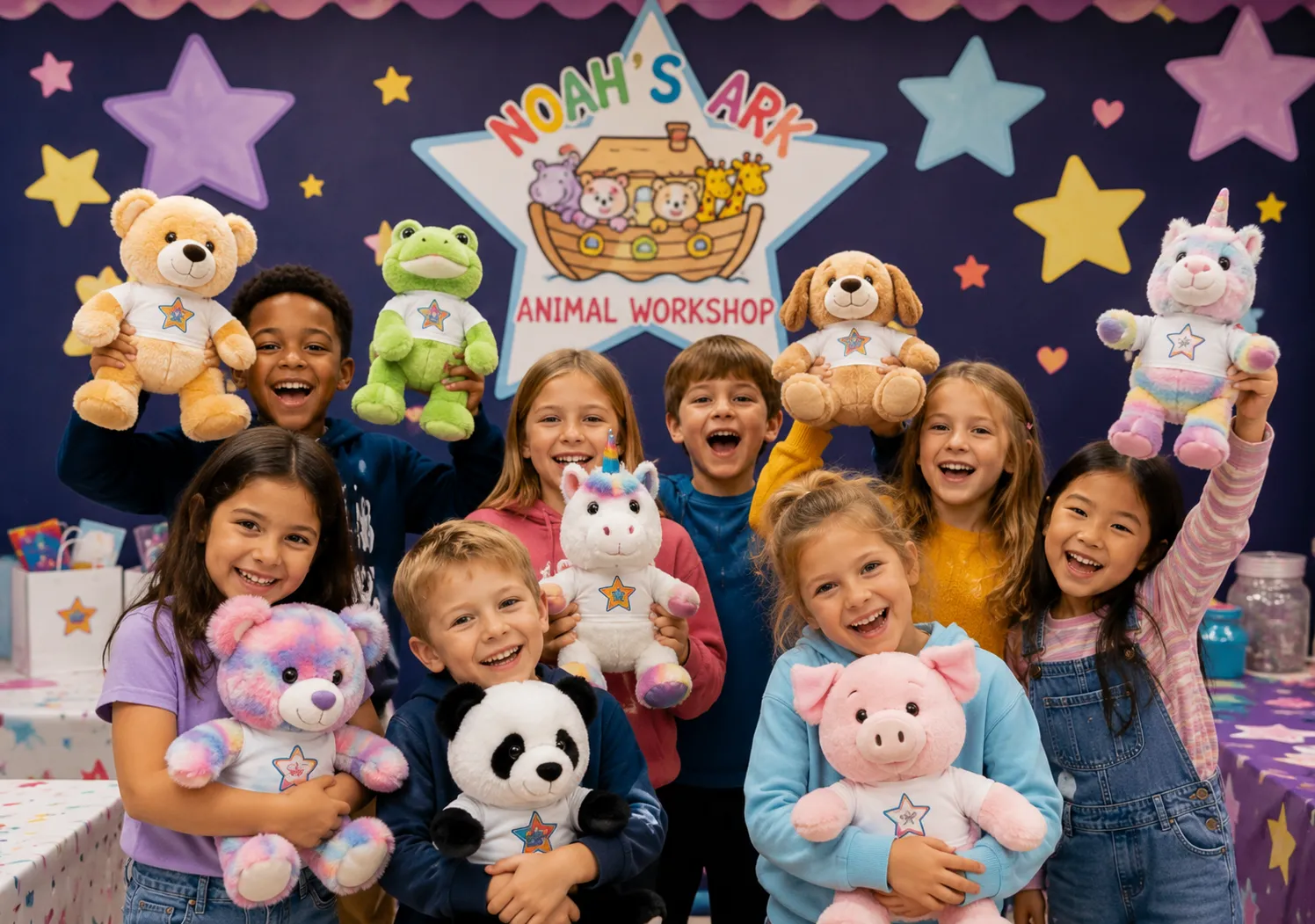 Group of children holding finished stuffed animals at a Noah's Ark Animal Workshop event, in front of the branded Noah's Ark Animal Workshop star wall