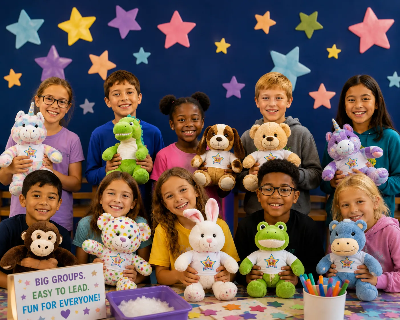 Group of students and educators at a Noah's Ark Animal Workshop school or library event with their finished stuffed animals