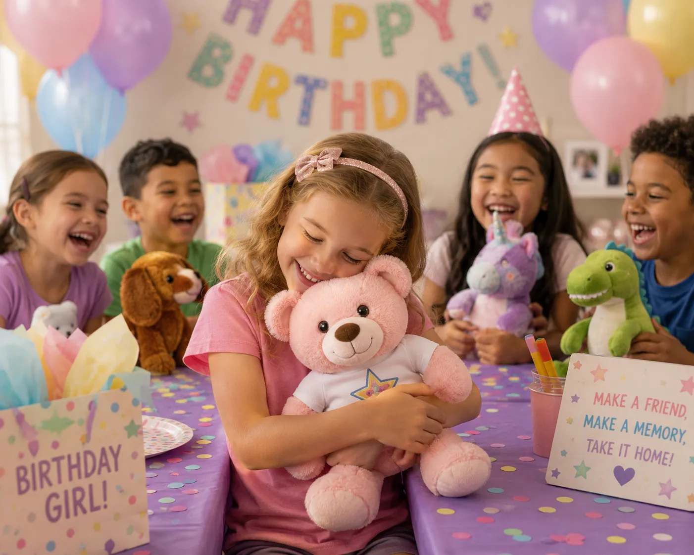Birthday girl hugging a pink stuffed bear at a Noah's Ark Animal Workshop birthday party, surrounded by friends and pastel balloons