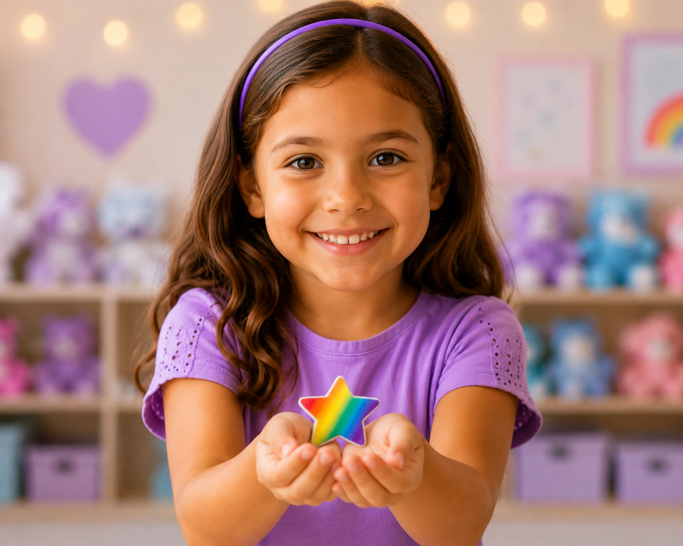 A child holding a soft Wish Star before placing it inside their stuffed animal