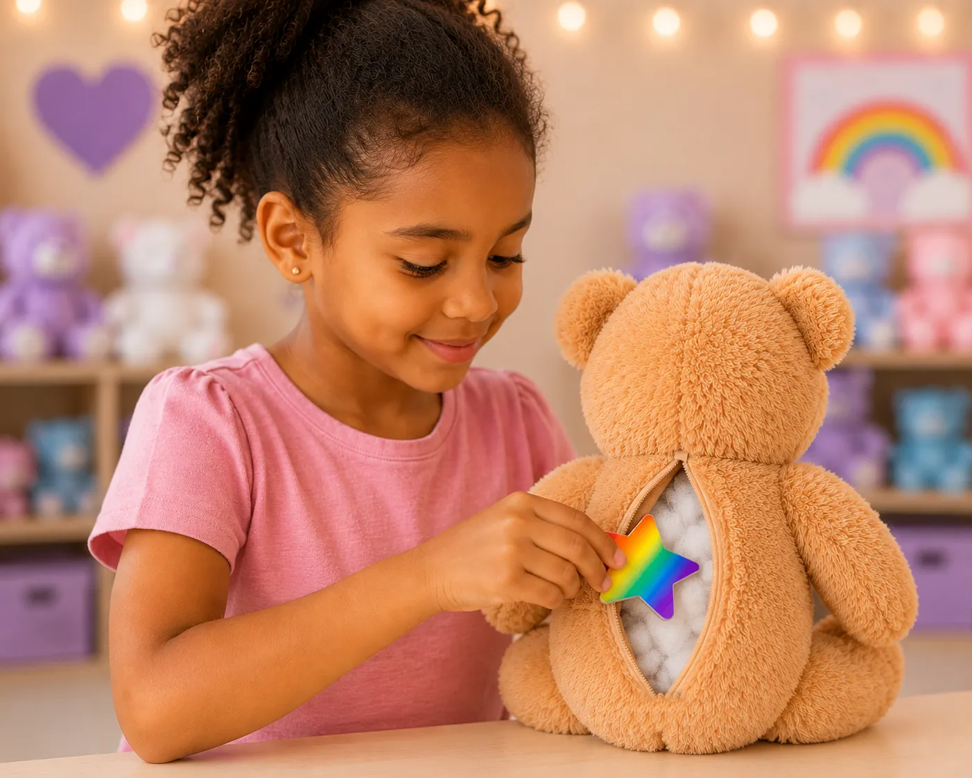 Tucking the Wish Star inside the stuffed animal alongside the stuffing