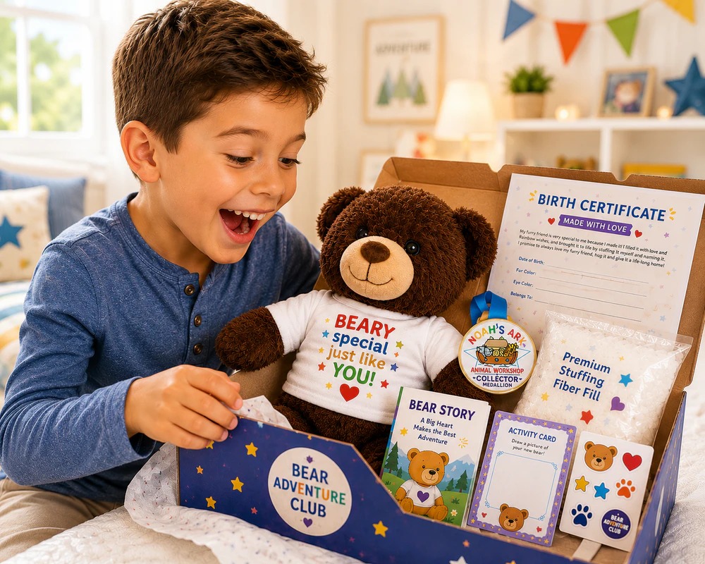 A boy excitedly opening his Bear of the Month Adventure Club box