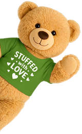 Adventure bear wearing a green STUFFED with LOVE shirt