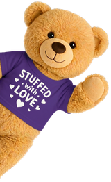 Adventure bear wearing a purple STUFFED with LOVE shirt