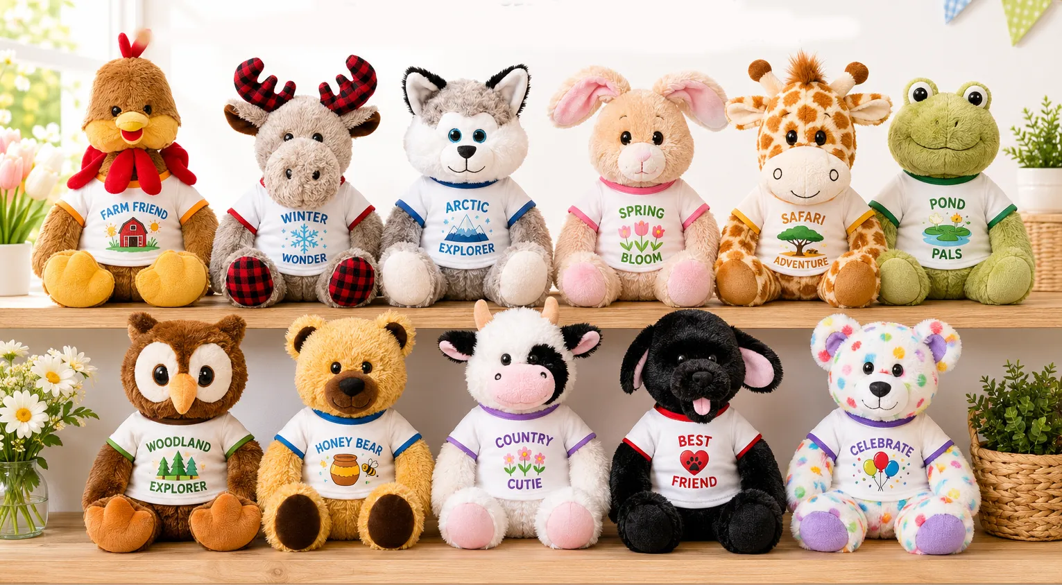 A shelf displaying a collection of plush animals from the Adventure Series