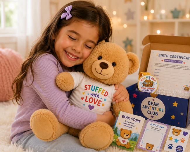 Young girl smiling and hugging her bear next to an open Adventure Club box