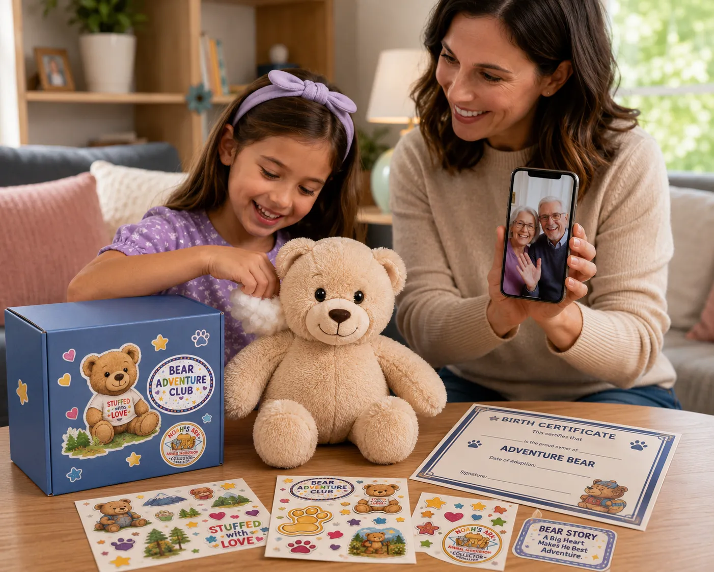 A mother and daughter on a video call with grandparents while stuffing a bear