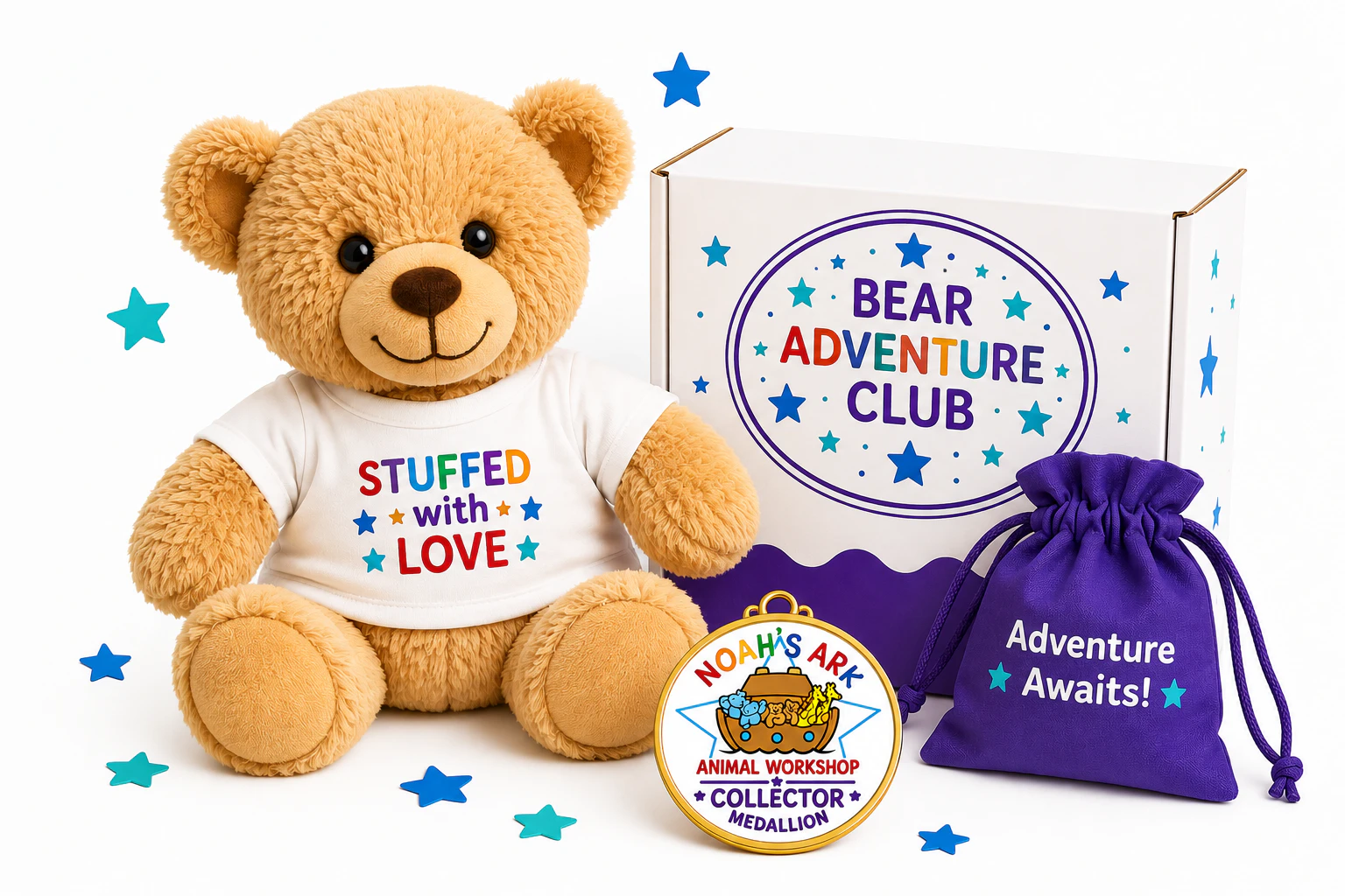 A bear, adventure box, collector medallion, and purple bag from the Bear of the Month Adventure Club