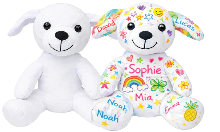 The Doodle Puppy, a plain stuffable pup beside a finished pup that kids colored, doodled on, and signed by hand