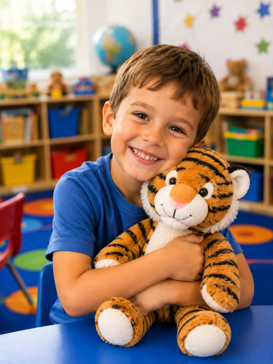 A smiling boy hugging the stuffed tiger he made at a Noah's Ark Animal Workshop event