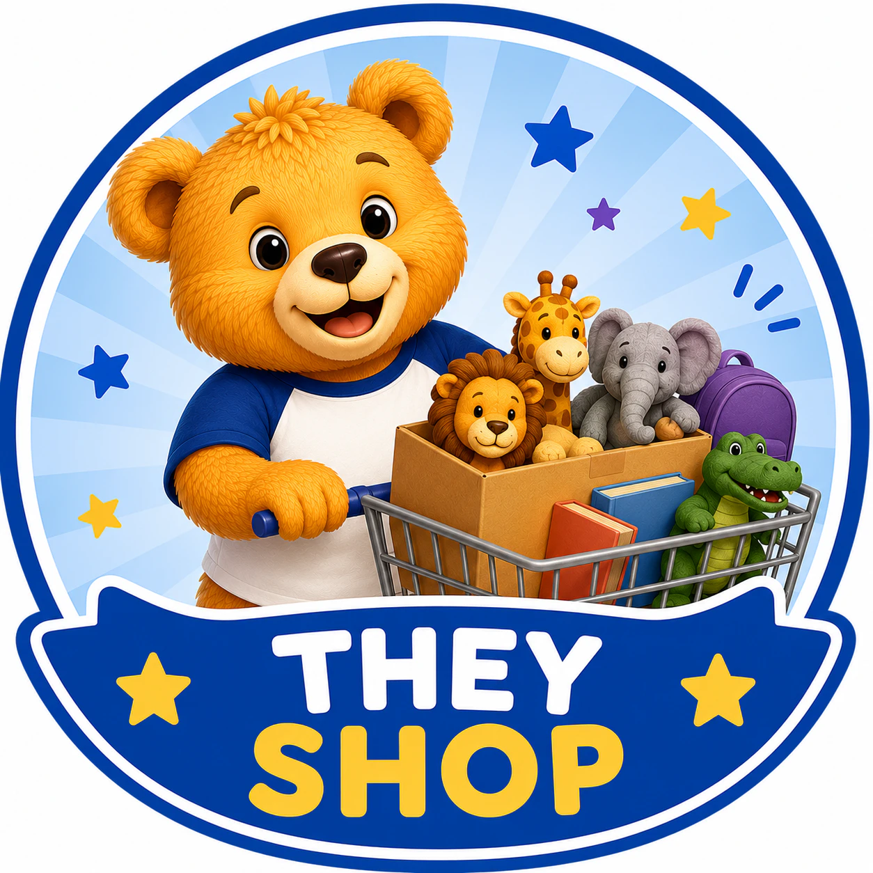 Bear mascot pushing a shopping cart filled with toys