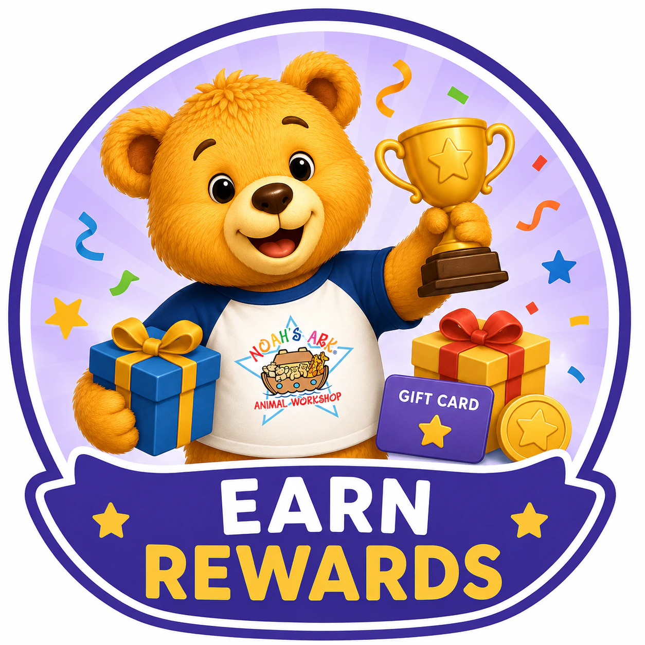 Bear mascot holding a trophy and gifts in an Earn Rewards badge
