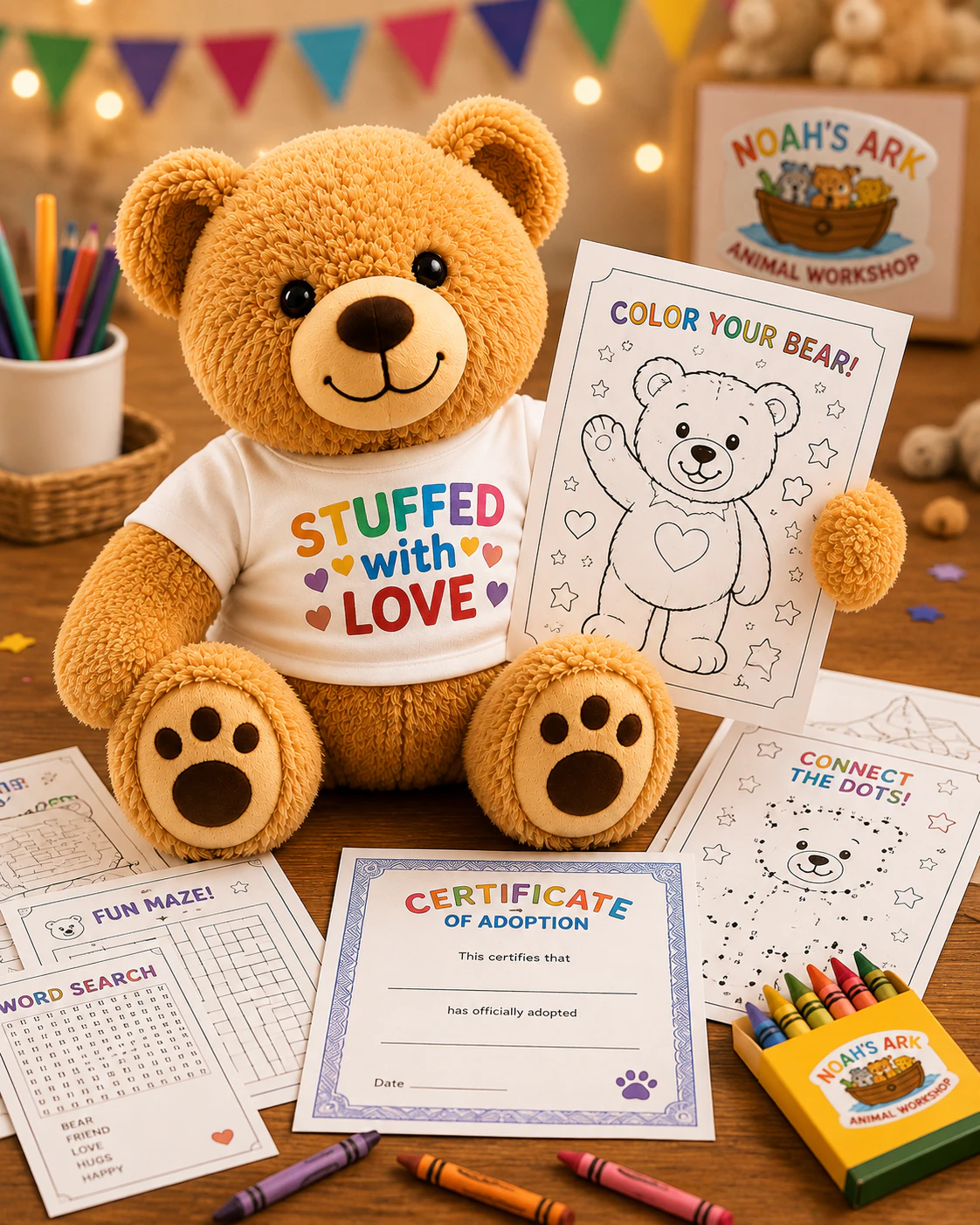 A teddy bear surrounded by colorful adoption and activity pages