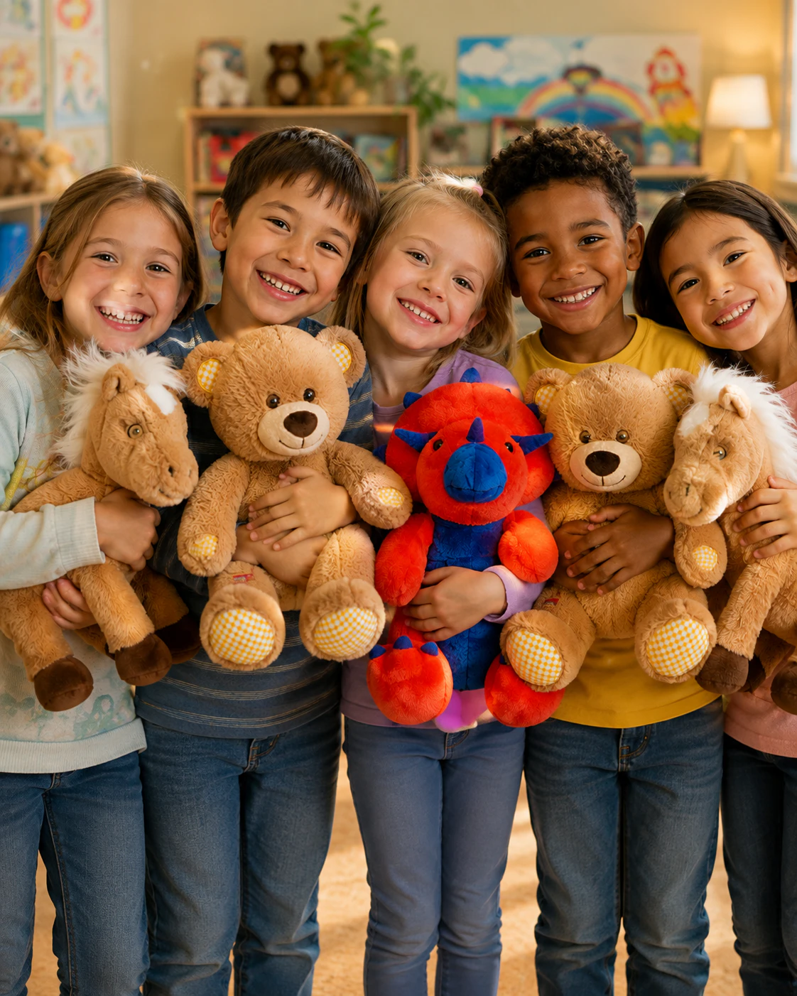 Five children smiling and hugging their stuffed animal friends at a Noah's Ark Animal Workshop event