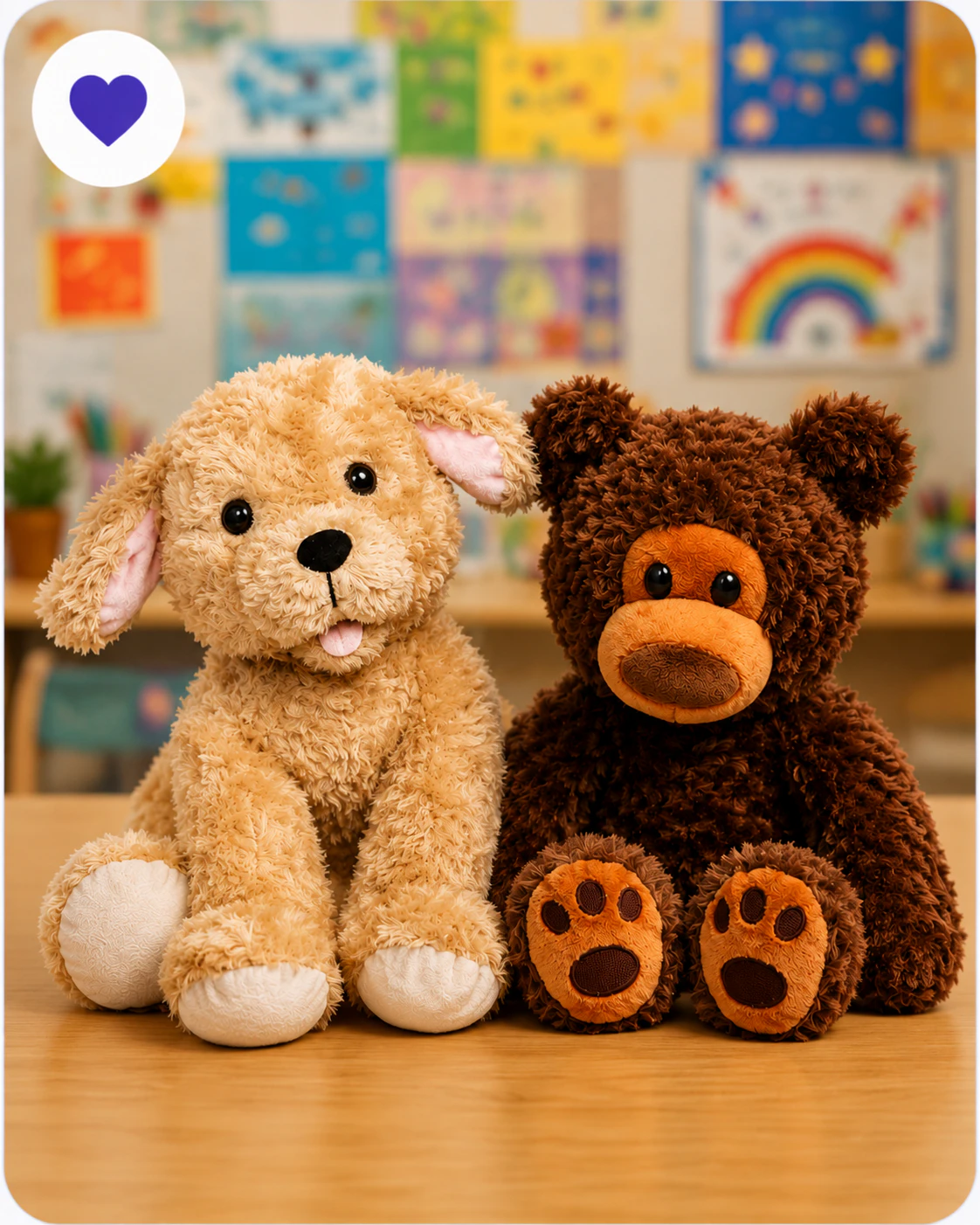 Golden puppy and brown bear stuffed animals displayed together