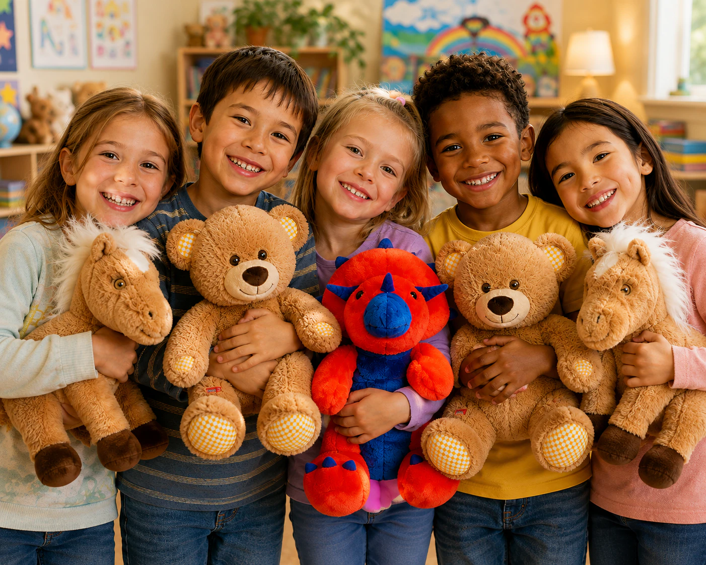 Five children proudly holding their handmade plush friends in a classroom workshop
