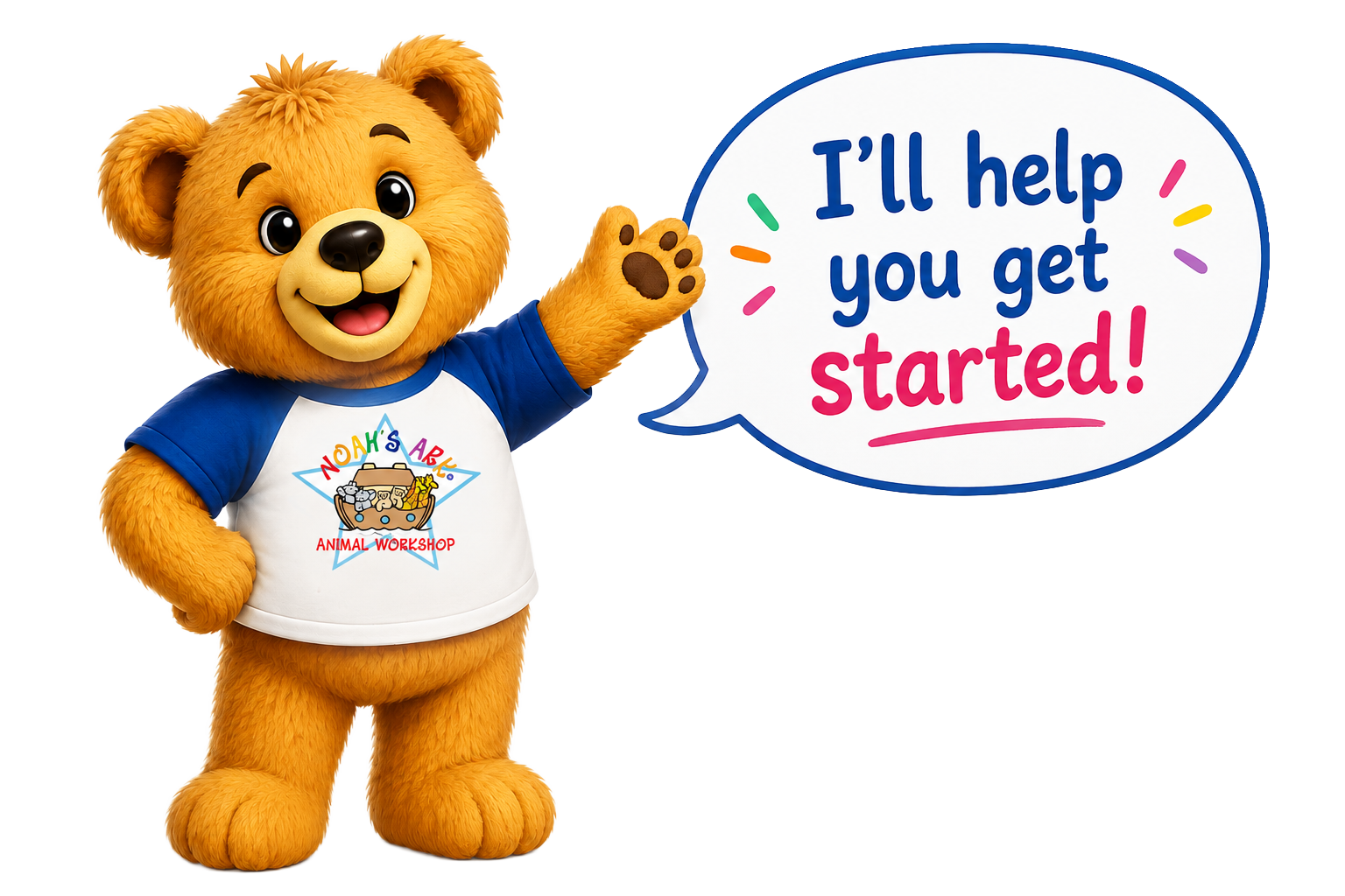 Noah Bear waving beside a speech bubble that says I’ll help you get started
