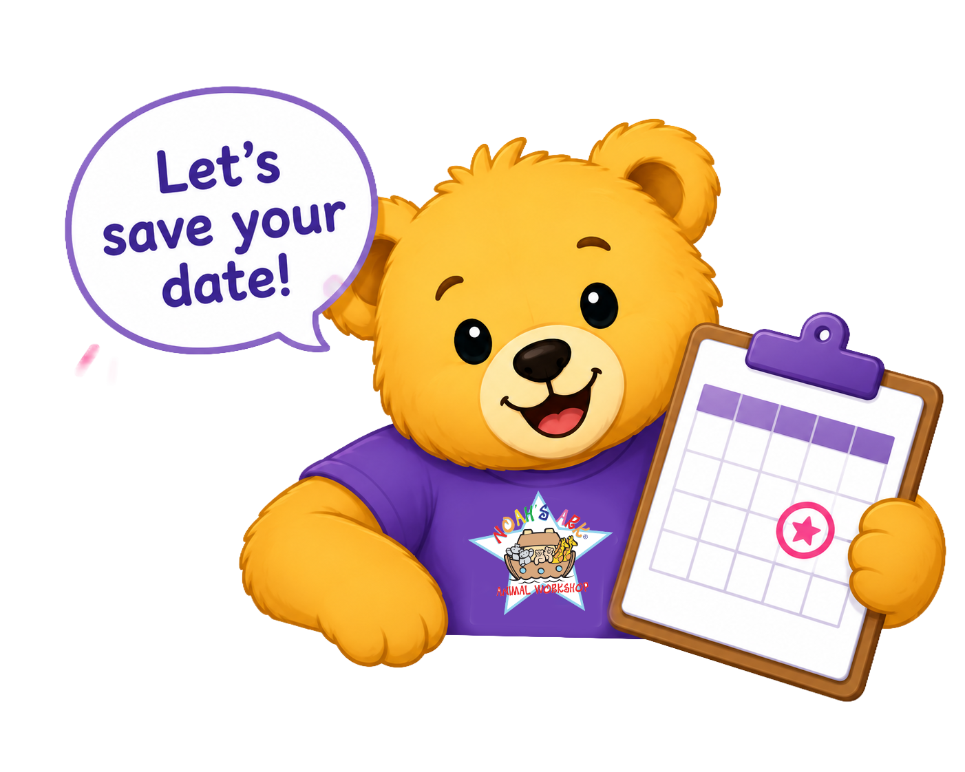 Noah Bear holding a calendar and inviting you to save your fundraiser date