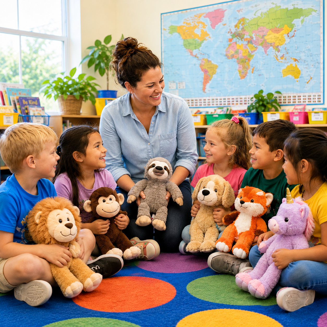 A teacher and children holding stuffed animals together in a bright classroom