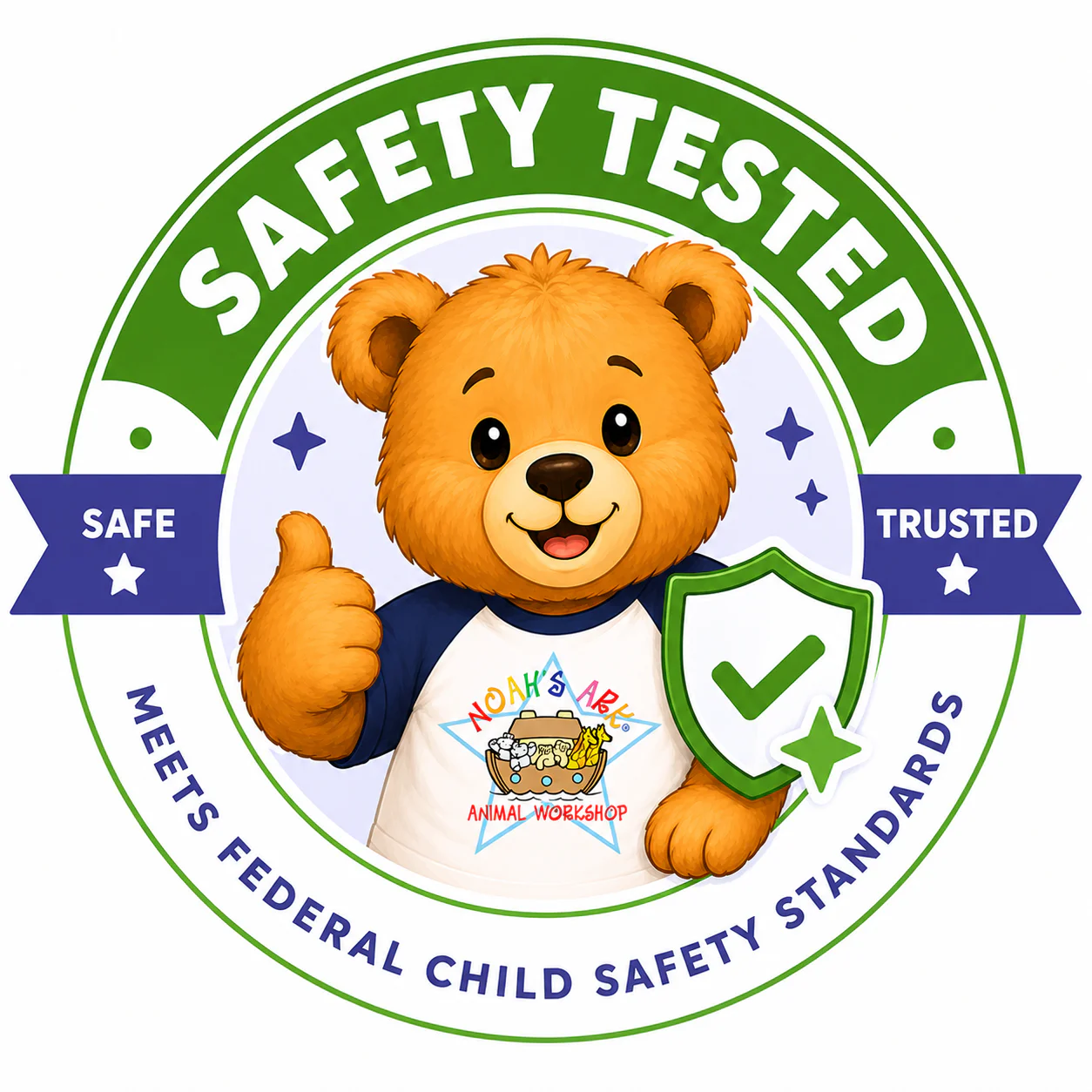 Safety Tested badge showing Noah Bear with a shield and checkmark