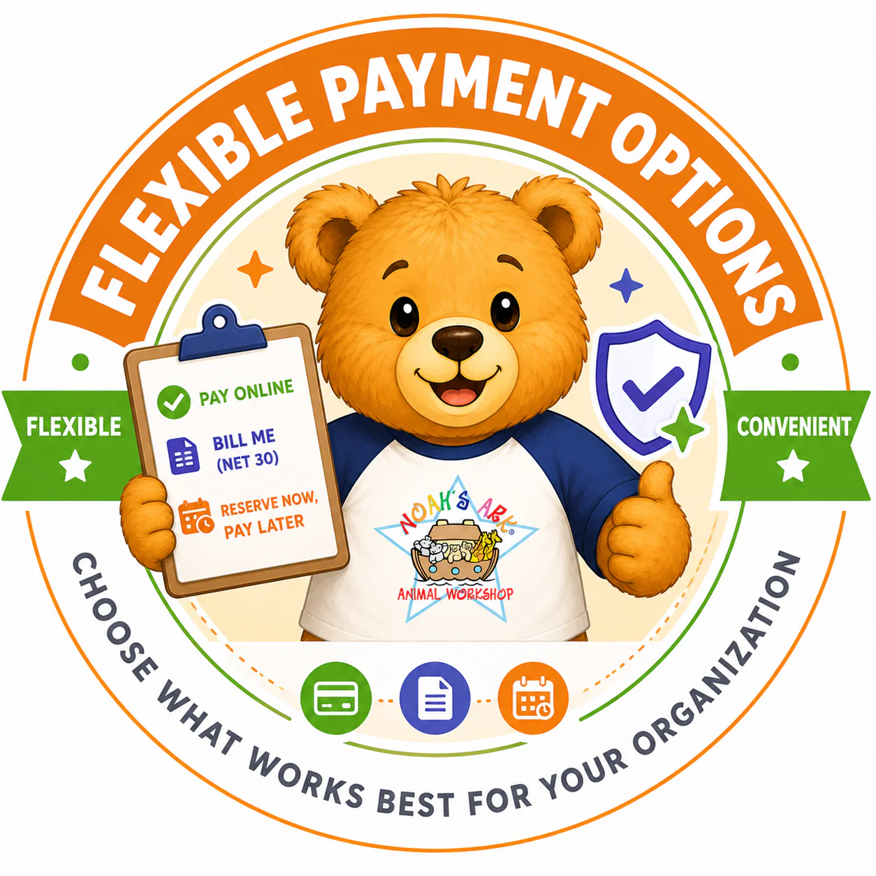 Flexible Payment Options badge showing pay online, bill me, and reserve now pay later choices