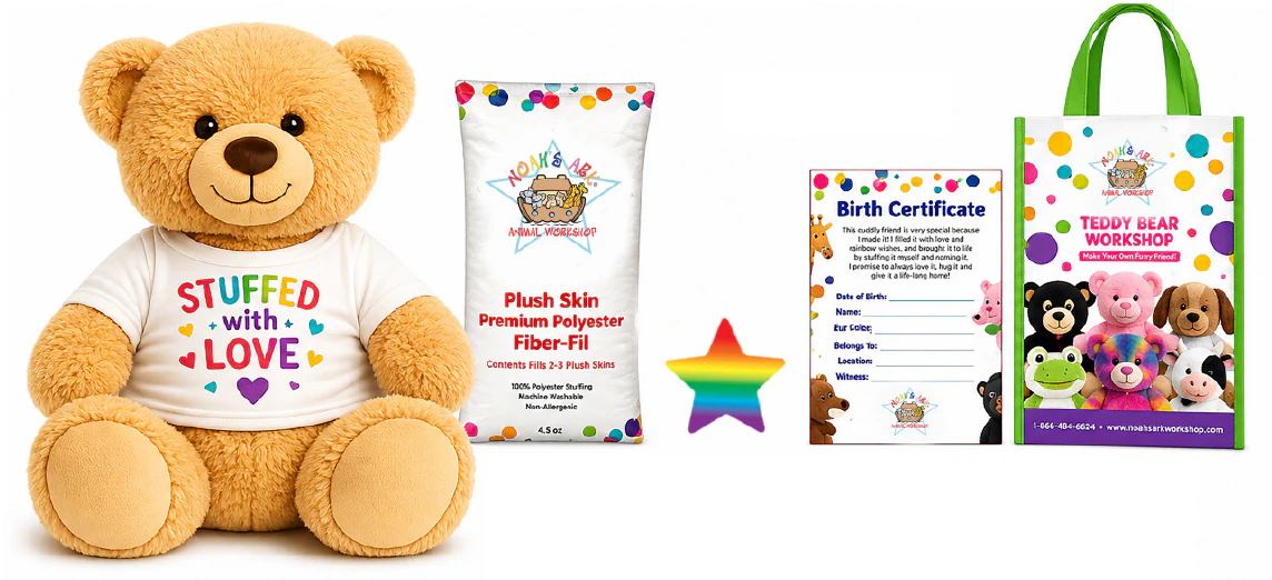 What's in every Noah's Ark Animal Workshop kit: a plush bear, premium polyester stuffing, a wish star, a birth certificate, and a reusable buddy bag