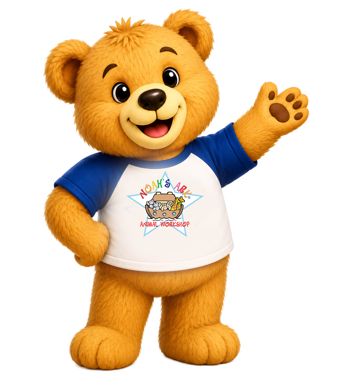 Noah Bear waving beside the workshop invitation