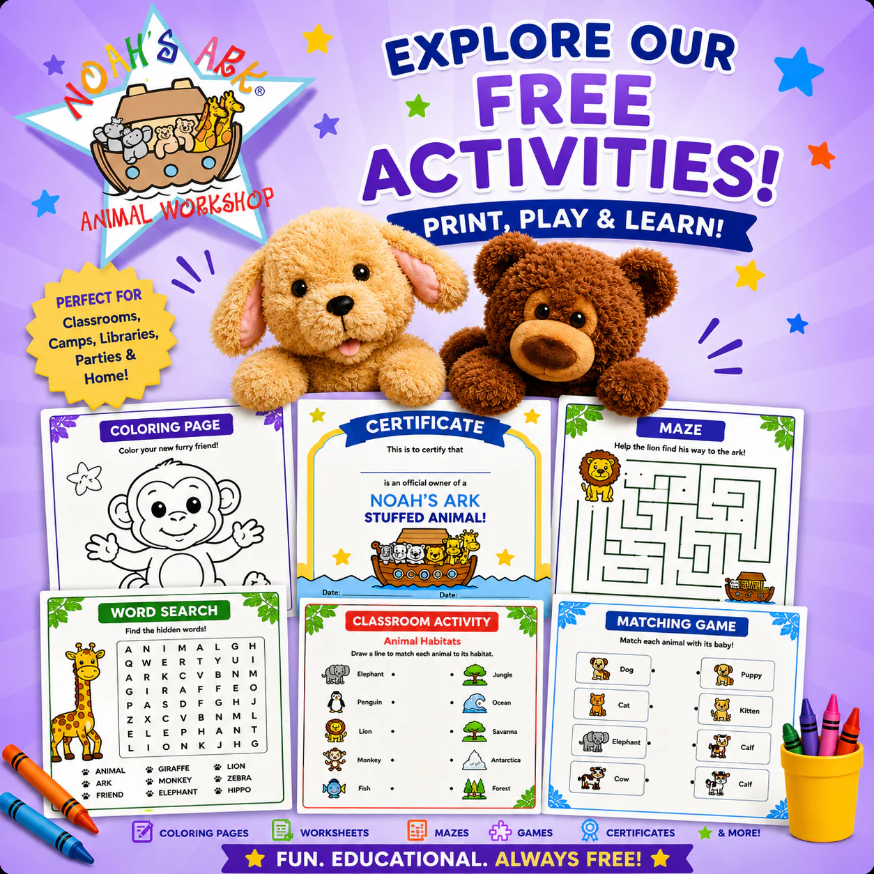 Kids at a table coloring and crafting their stuffed animals together