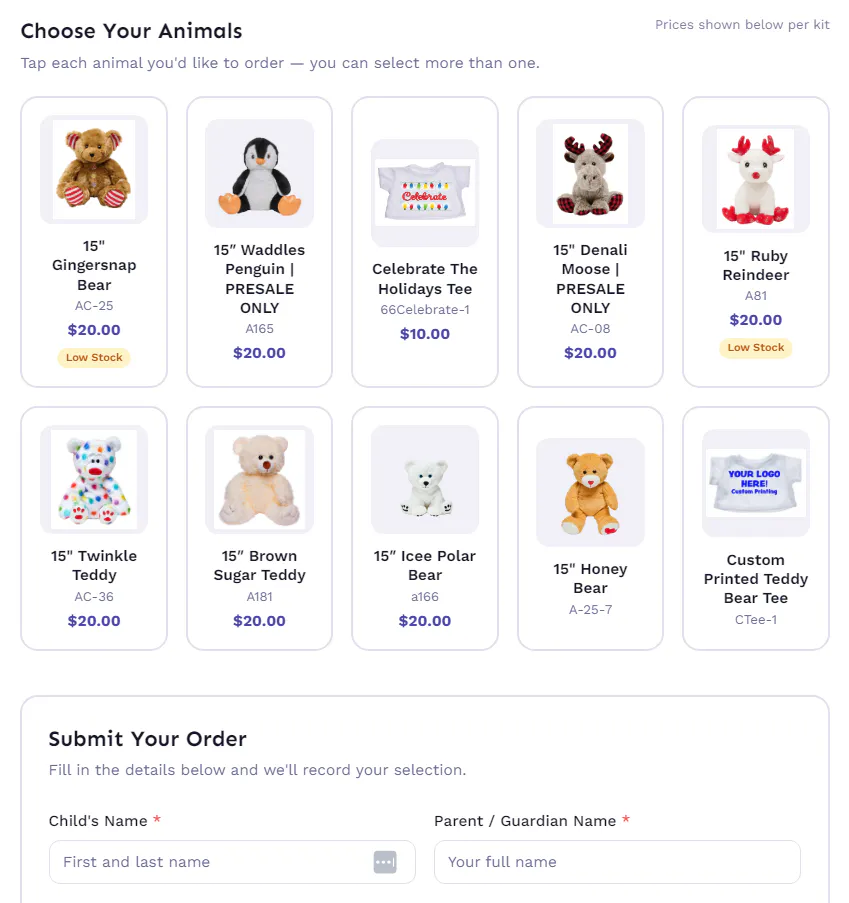 Screenshot of the Noah's Ark Animal Workshop fundraising platform showing animal selection and the event order form