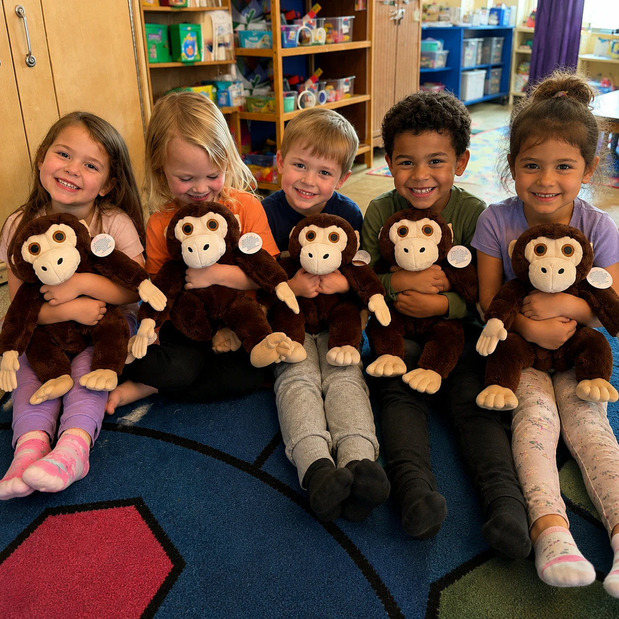 Five children sitting together on a classroom rug, each holding a brown stuffed monkey they created at a Noah's Ark Animal Workshop event