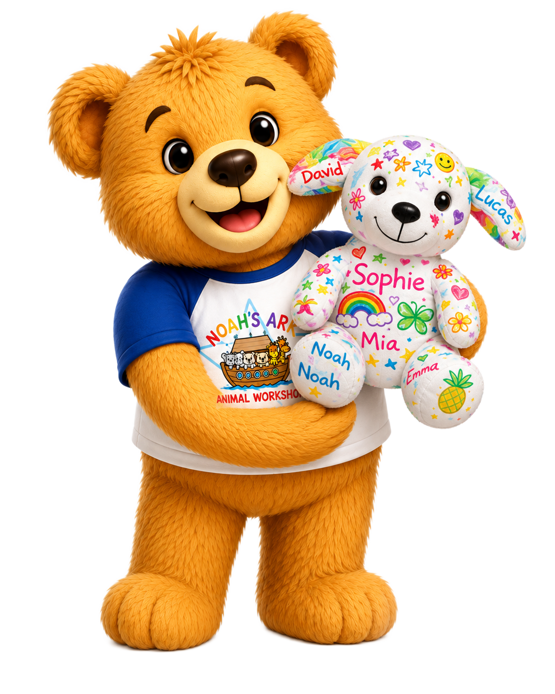 Noah Bear holding a colorful doodled stuffed bunny