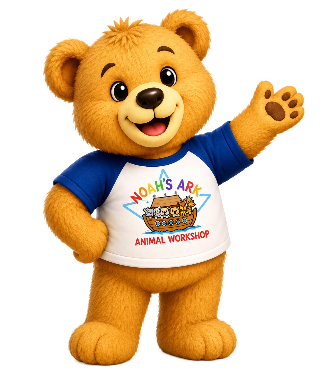 Noah Bear waving in a Noah's Ark Animal Workshop shirt