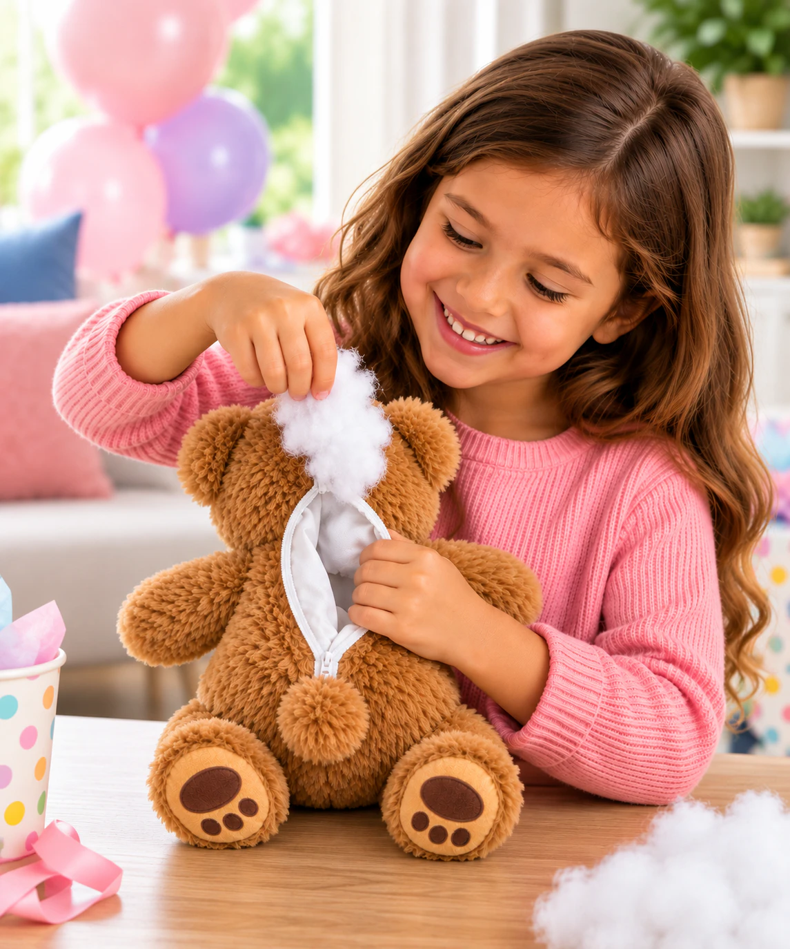 Smiling girl opening a birthday bear at a birthday party