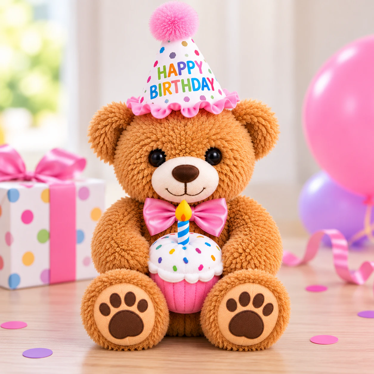 Birthday bear wearing a Happy Birthday hat and pink bow tie, holding a plush cupcake