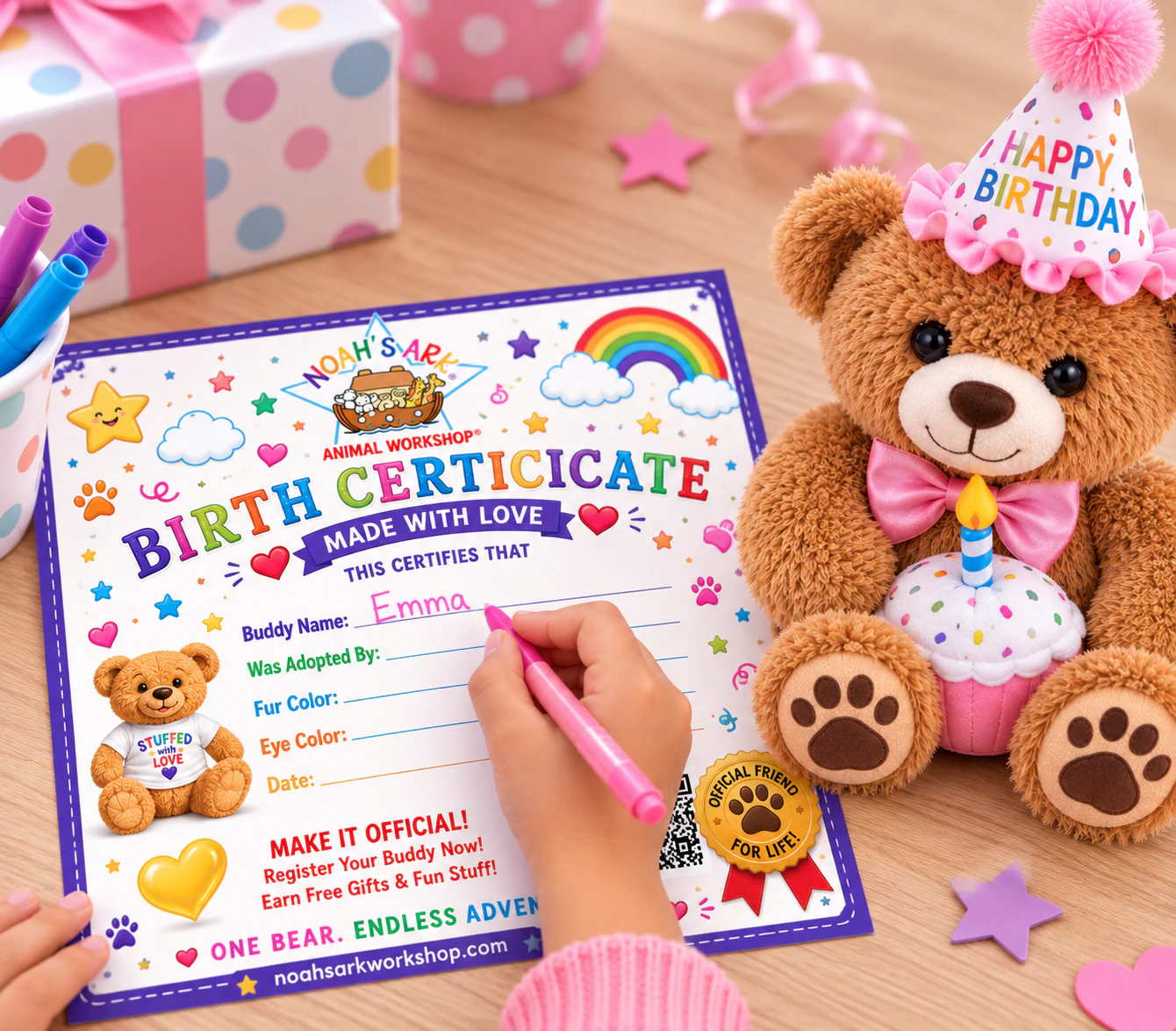 Child writing their bear’s name on a Noah’s Ark Birth Certificate beside a birthday bear, plush cupcake, and gifts