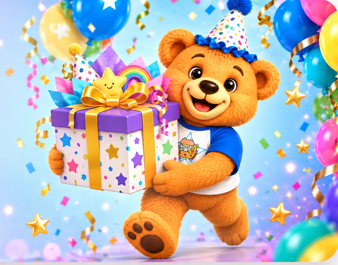 A teddy bear in a party hat holding a present among balloons and confetti