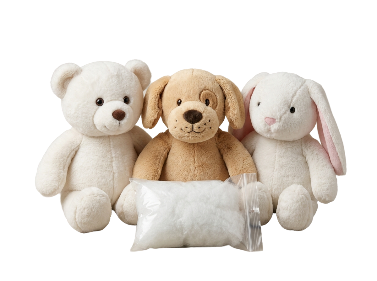 A white bear, tan dog, and white rabbit with a bag of stuffing from Noah's Ark Animal Workshop.