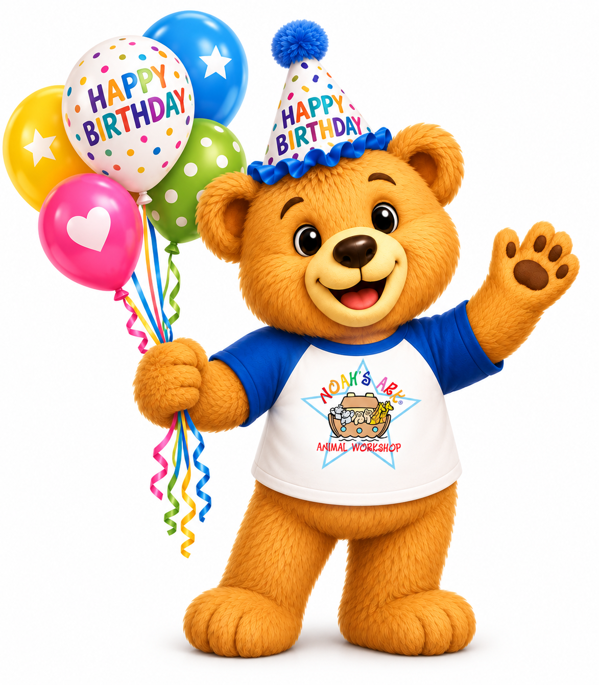 Arky the Birthday Bear wearing a colorful birthday hat