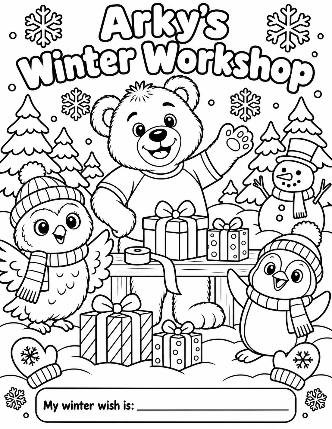 Arky's Winter Workshop Coloring Sheet printable card graphic