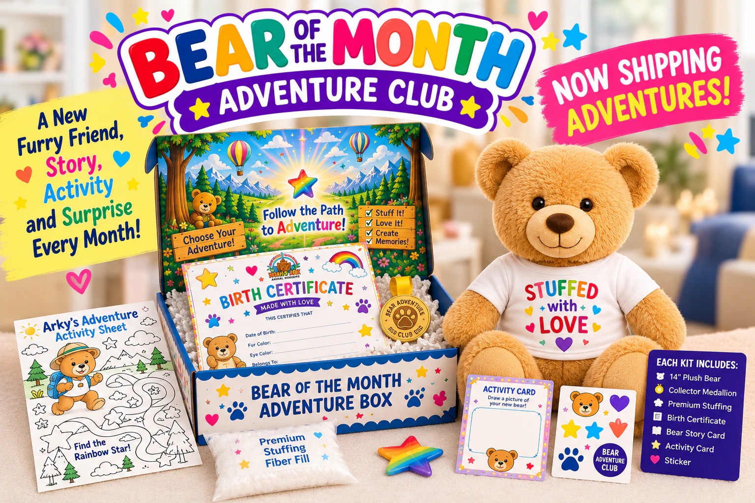 Bear of the Month Adventure Club kit display with its teddy bear, illustrated box, activity sheets, and keepsakes