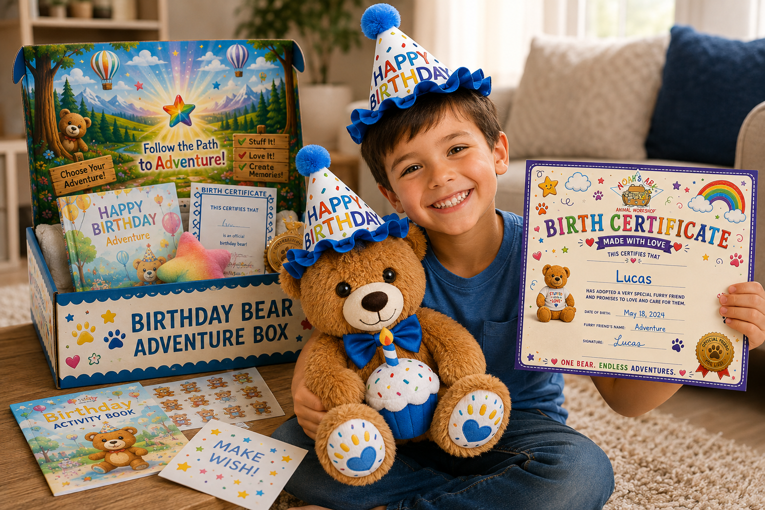 Birthday Bear Adventure box with a birthday bear