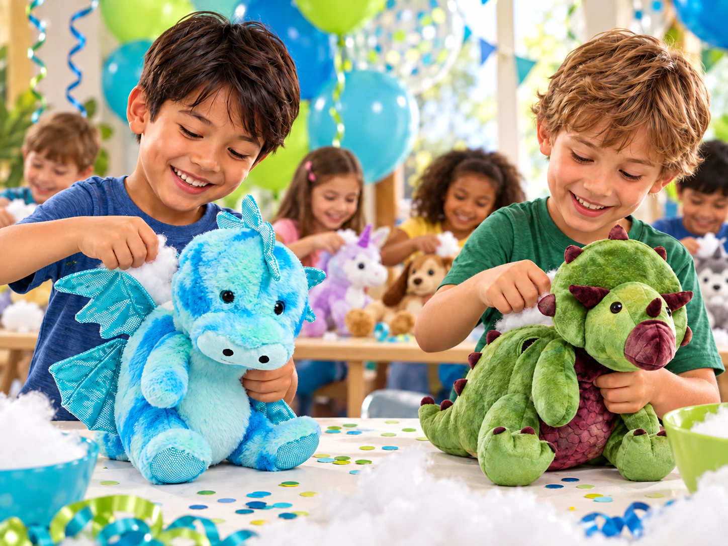 Two boys stuff colorful plush animals at a birthday workshop