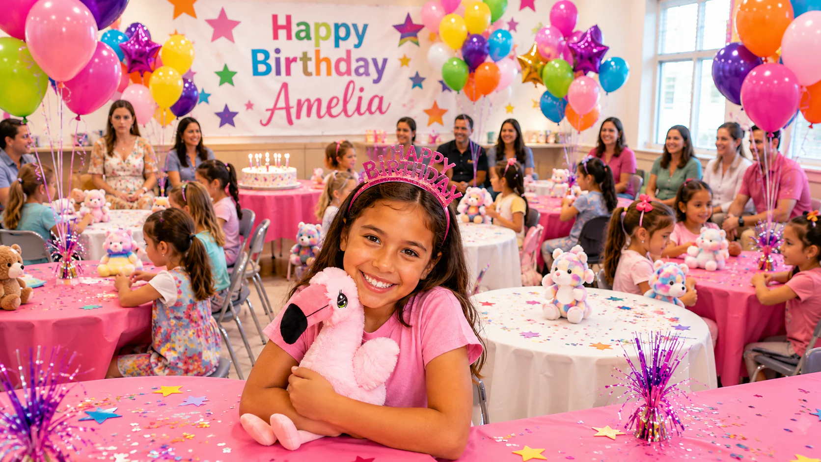 A child celebrating with a stuffed animal at a Noah's Ark birthday party