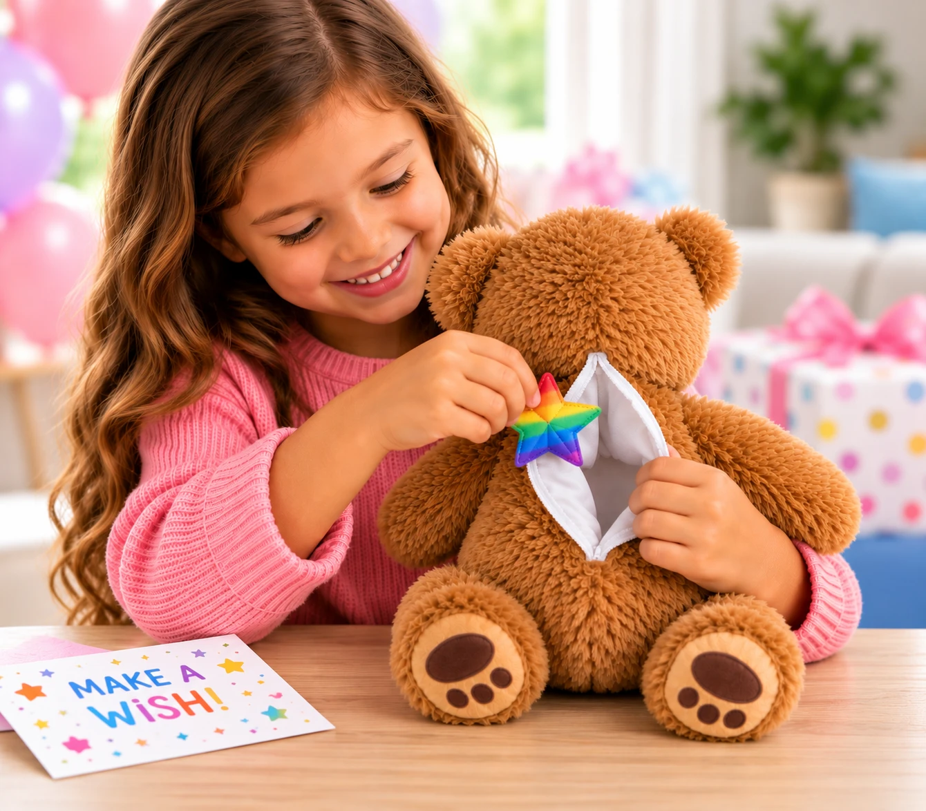 Smiling girl tucking the Rainbow Wish Star inside her birthday bear beside a Make A Wish card