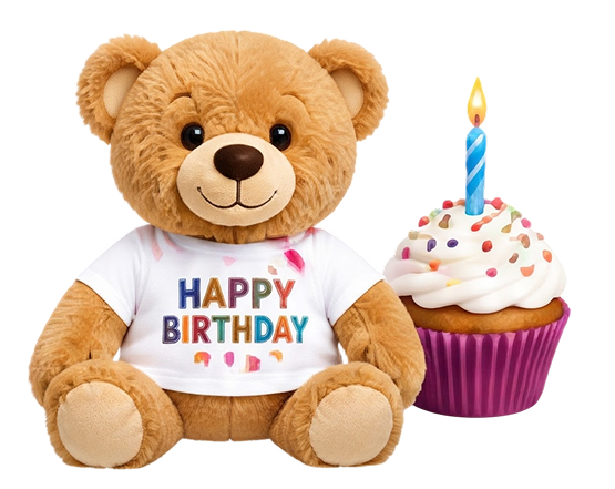 A birthday-themed plush bear and cupcake