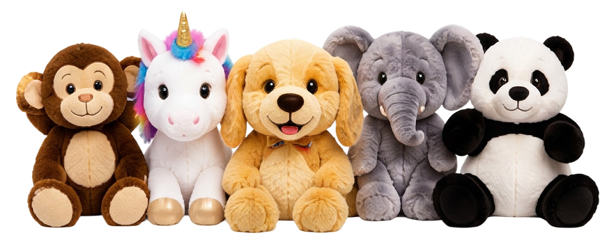A cheerful lineup of plush friends